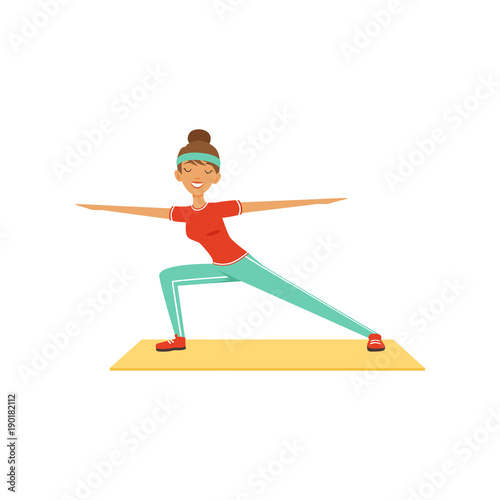 Sportive young woman character lunging, girl working out in the fitness club or gym colorful vector Illustration