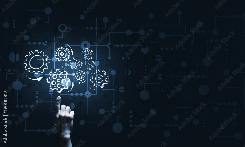 Glowing cogwheel mechanism icon on dark background as symbol of teamwork Glowing cogwheel mechanism icon on dark background as symbol of teamwork