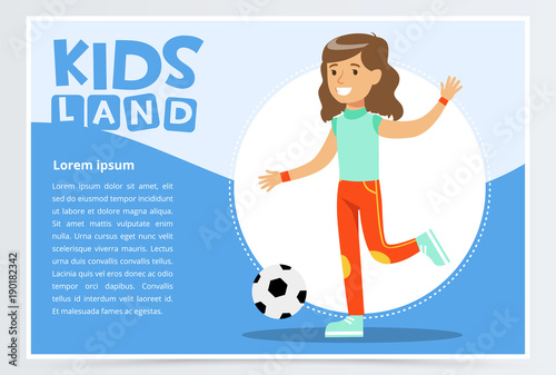 Beautiful active girl playing soccer, kids land banner flat vector element for website or mobile app