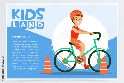Smiling active boy riding bicycle, kids land banner flat vector element for website or mobile app