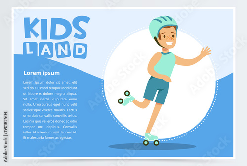 Smiling active boy rollerblading, kids land banner flat vector element for website or mobile app