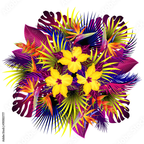 Exotic flowers. Bunch of strelitzia, hibiscus and heliconia flowers with palm leaves in bright stylized colors. Hand drawn vector illustration on white background.