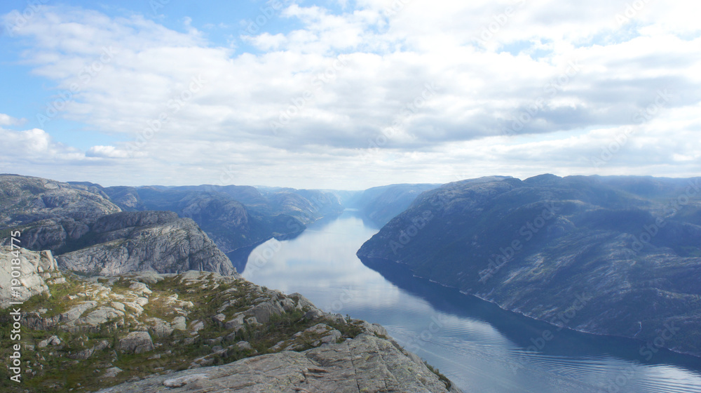 Aerial view of Lysefjord from the top of the Preikestolen cliff near Stavanger, famous tourist attraction in Norway