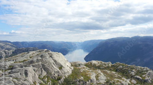 Scenic panoramic view of Lysefjord from the top of the Preikestolen cliff near Stavanger, famous tourist destination in Norway