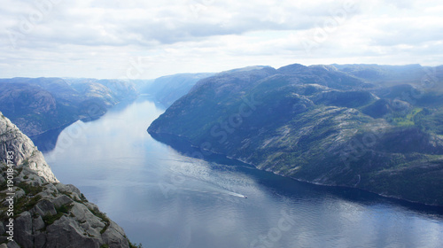Aerial view of Lysefjord from the top of the Preikestolen cliff near Stavanger, famous tourist destination in Norway