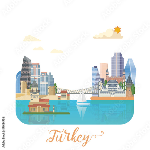 Turkey vector vacations illustration with turkish landmarks. Travel agency poster.