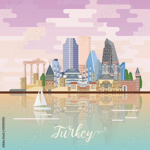 Turkey vector vacations illustration with turkish landmarks. Travel agency poster.