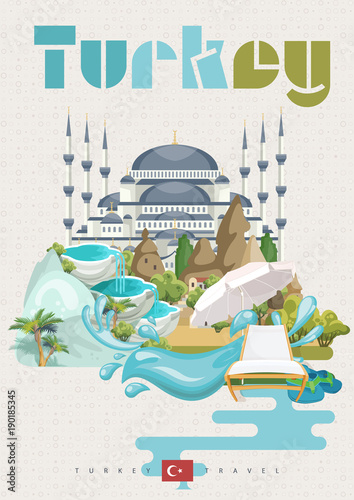 Turkey vector vacations illustration with turkish landmarks. Travel agency poster.