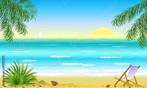 Tropical beach with palm trees and lounge chair at sunrise. Hand drawn vector illustration.