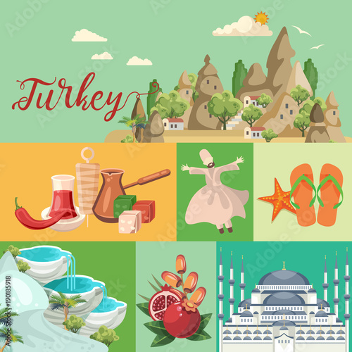 Turkey vector vacations illustration with turkish landmarks. Travel agency poster.