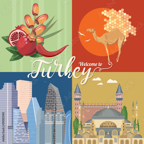 Turkey vector vacations illustration with turkish landmarks. Travel agency poster.