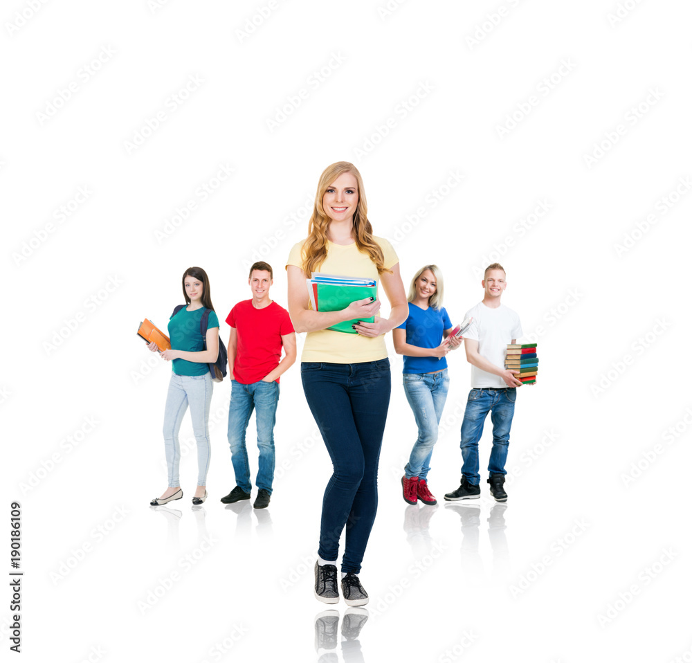 Large group of teenage students isolated on white background. Many different people standing together. School, education, college, university concept. Large group of teenage students isolated on white background. Many different people standing together. School, education, college, university concept.