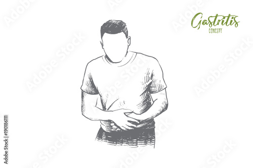 Gastritis concept. Hand drawn man suffering stomach ache. Concept of healthcare and medicine isolated vector illustration.