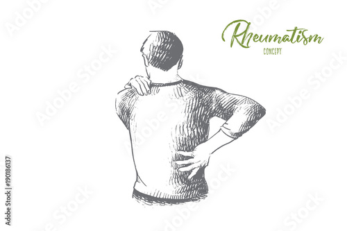 Rheumatism concept. Hand drawn man suffering from back and neck pain. Muscle spasm, rheumatism isolated vector illustration. photo