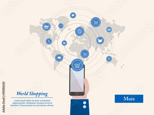 One World Shopping, you can shop anyone and anywhere around the world. E-commerce, business concept.