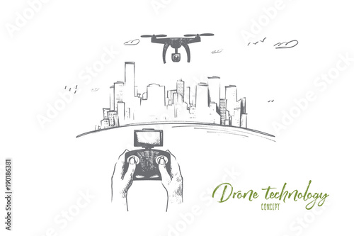 Drone technology concept. Hand drawn person control flight of drone. Hands of pilot of quadrocopter aero videography isolated vector illustration.