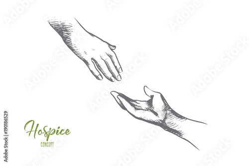 Hospice concept. Hand drawn one person ready help to another. Hand holding elder hand in hospice care isolated vector illustration.