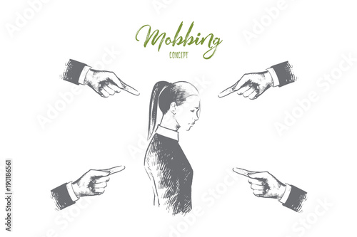 Mobbing concept. Hand drawn many hands pointing on woman. Person is suffering mobbing in workplace isolated vector illustration.