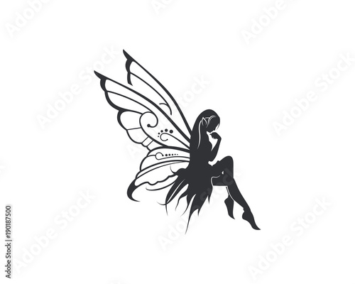 Fotografie, Tablou Flying Beautiful Fairy with Wings Illustration Silhouette Symbol Logo Vector