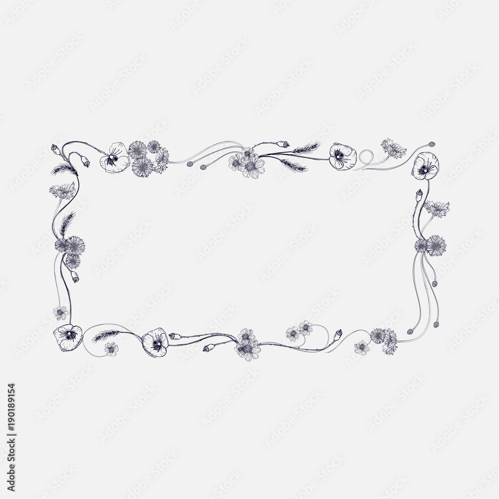 Vector square frame with hand painted vector leaves and flowers. Romantic design elements