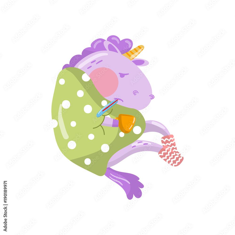 Cute unicorn character having flue wrapped in blanket holding cup of tea, funny magical animal cartoon vector Illustration Cute unicorn character having flue wrapped in blanket holding cup of tea, funny magical animal cartoon vector Illustration