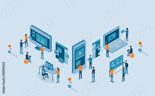 isometric mobile application and web design  development process for responsive device  concept .group business team  working 