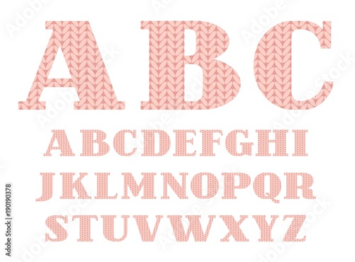 Knitted font, English, alphabet, vector, pink. Capital letters of the English alphabet. Letters with serifs. Simulation of knitted fabric in pink colour. Vector picture.  