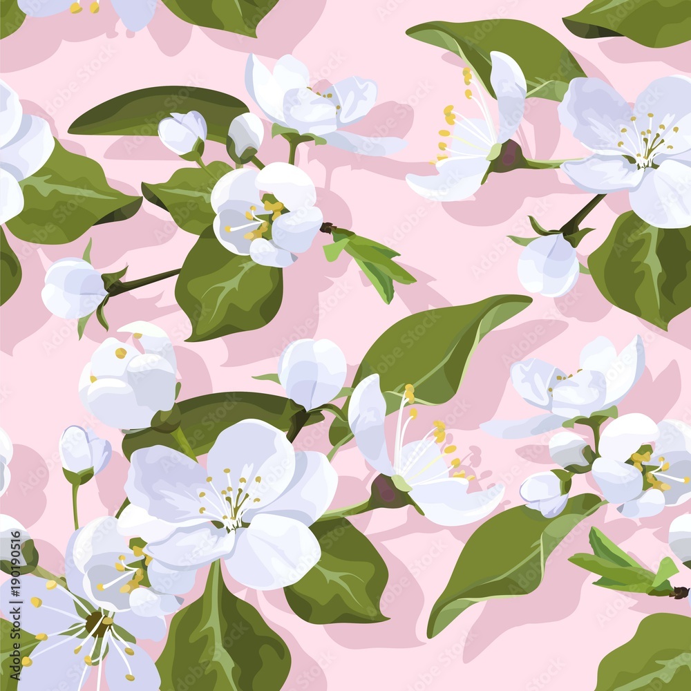 Obraz premium Apple Blossom Vector Seamless Pattern Flowered Texture on pink Background
