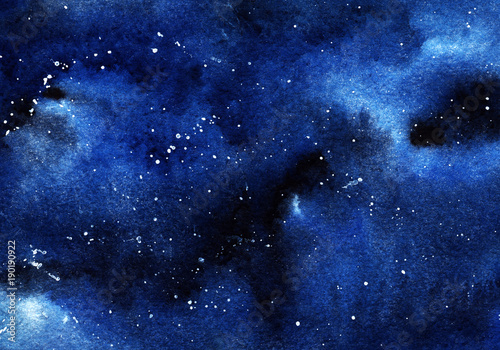 A clastic starry night sky. Clouds, a deep space of black and blue flowers with a spray of white stars. Drawing with watercolor.