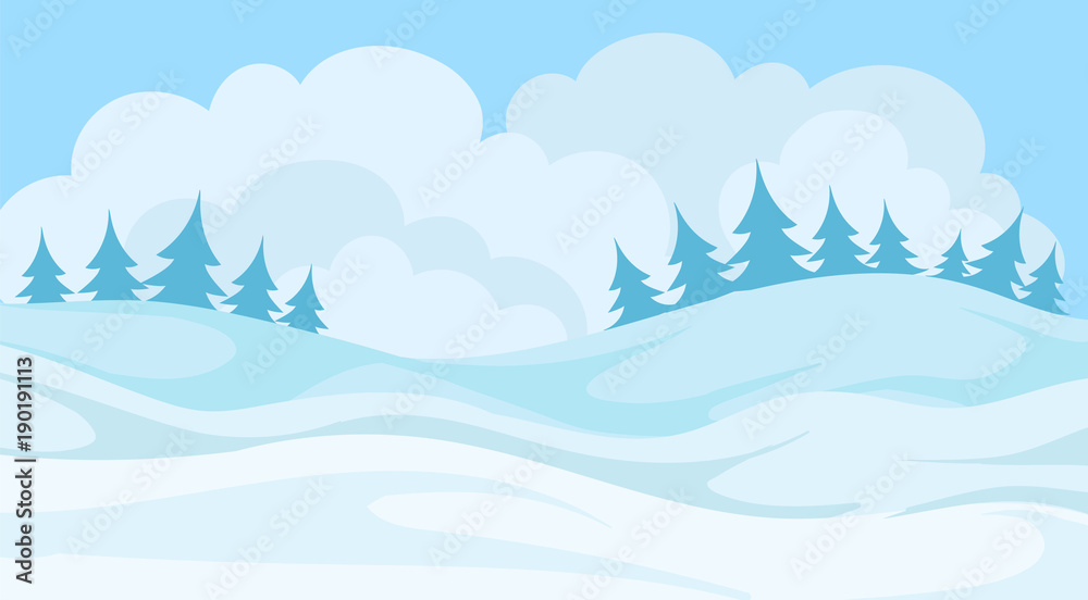 Day in winter forest, snowy landscape background with trees and hills vector Illustration