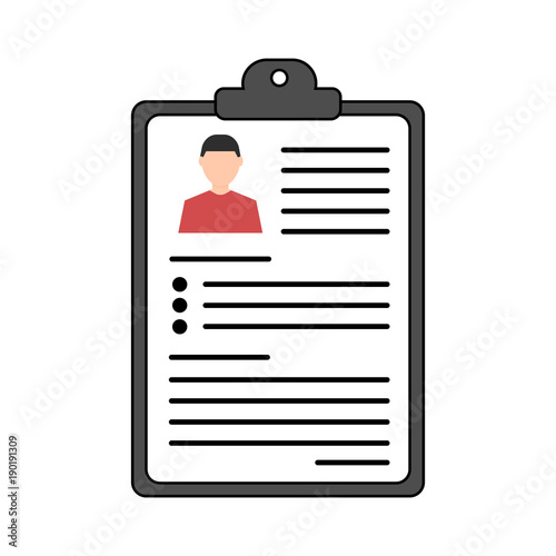 Summary concept. Vector resume icon. Recruitment. Document with information about a person. Flat design