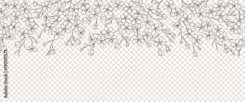 Seamless horizontal pattern with a contour of pink sakura flowers. Linear silhouette of a blossoming cherry on an isolated background.