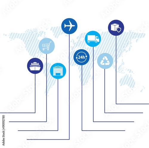 Global logistics network. Map global logistics partnership connection.  White similar world map and logistics icons.  Flat design. Vector illustration EPS10.