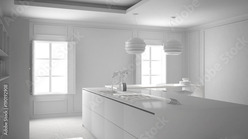 Total white project of modern kitchen furniture in classic room, old parquet, minimalist architecture interior design
