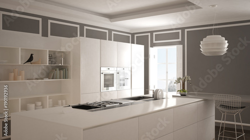 Modern kitchen in classic interior, island with stools and two big window, white and gray architecture interior design