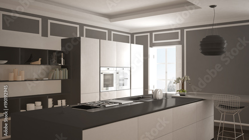 Modern kitchen in classic interior, island with stools and two big window, white and gray architecture interior design