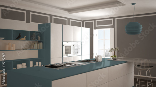 Modern kitchen in classic interior, island with stools and two big window, white and blue navy architecture interior design