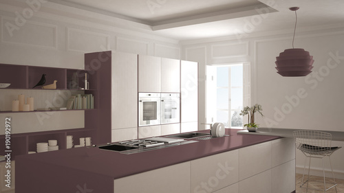 Modern kitchen in classic interior  island with stools and two big window  white and purple red architecture interior design