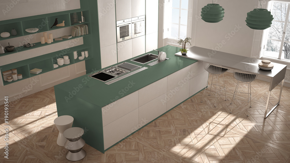 Modern kitchen in classic interior, island with stools and two big ...