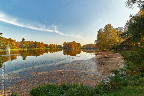 Słoneczny jesienny krajobraz - park w złotych kolorach, ze stawem i malowniczą wyspą, pożółkłe liście dominują w obrazie