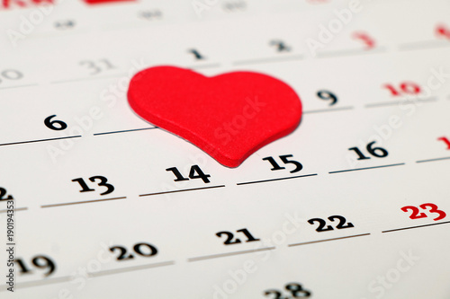 Saint Valentine's Day. Date February 14 marked in the calendar symbol of the red heart.