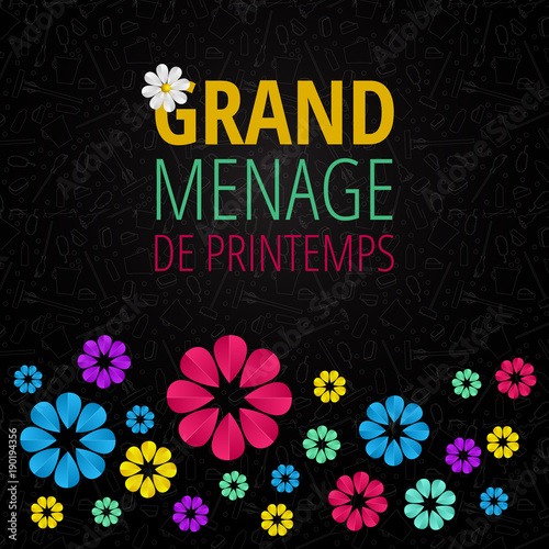 Spring cleaning with set of cleaning supplies and tools pattern. Spring cleaning background. Grand ménage de printemps.