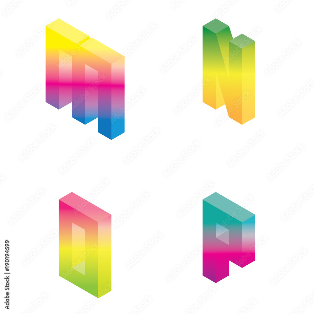 Vector set with gradient isometric letters M N O P in bright colors isolated on white. Vector set with gradient isometric letters M N O P in bright colors isolated on white.