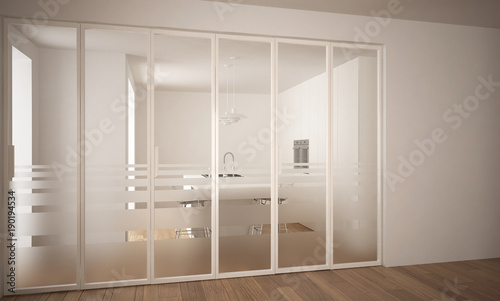Modern sliding door with kitchen in the background, white minimal architecture interior design