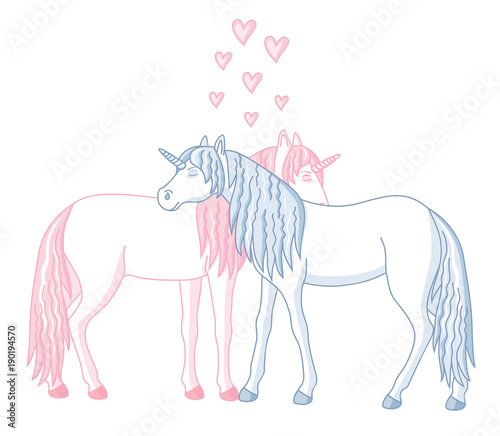 two lovely enamored unicorns and hearts