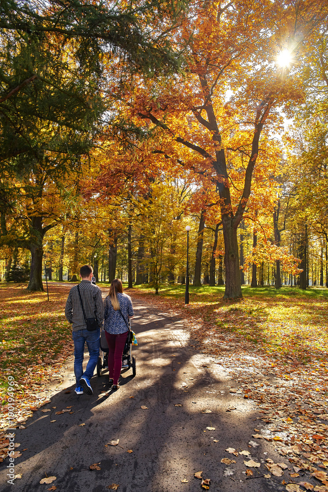 Fototapeta premium Jesienny krajobraz - park skąpany w ciepłym świetle, spacer pary młodych rodziców pchających alejką parkową wózek z dzieckiem