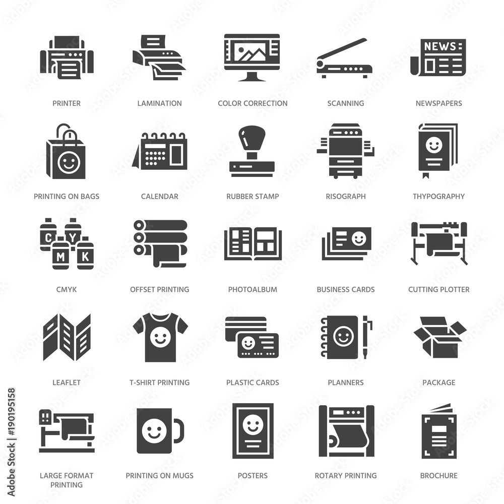 Printing house flat glyph icons. Print shop equipment printer