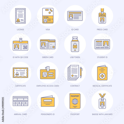 Documents, identity vector flat line icons. ID cards, passport, press access student pass, visa, migration certificate, token, legal contract illustration. Notarial office signs.