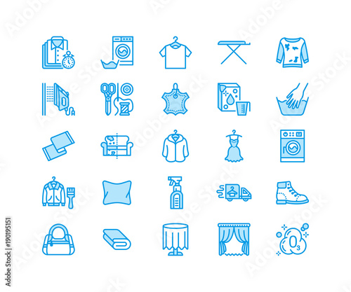 Dry cleaning, laundry flat line icons. Launderette service equipment, washer machine, shoe shine, clothes repair, garment ironing and steaming. Washing thin linear signs. Pixel perfect 64x64.