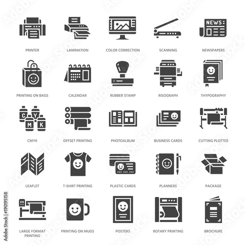 Printing house flat glyph icons. Print shop equipment - printer, scanner, offset machine, plotter, brochure, rubber stamp. Silhouette signs for polygraphy office, typography.